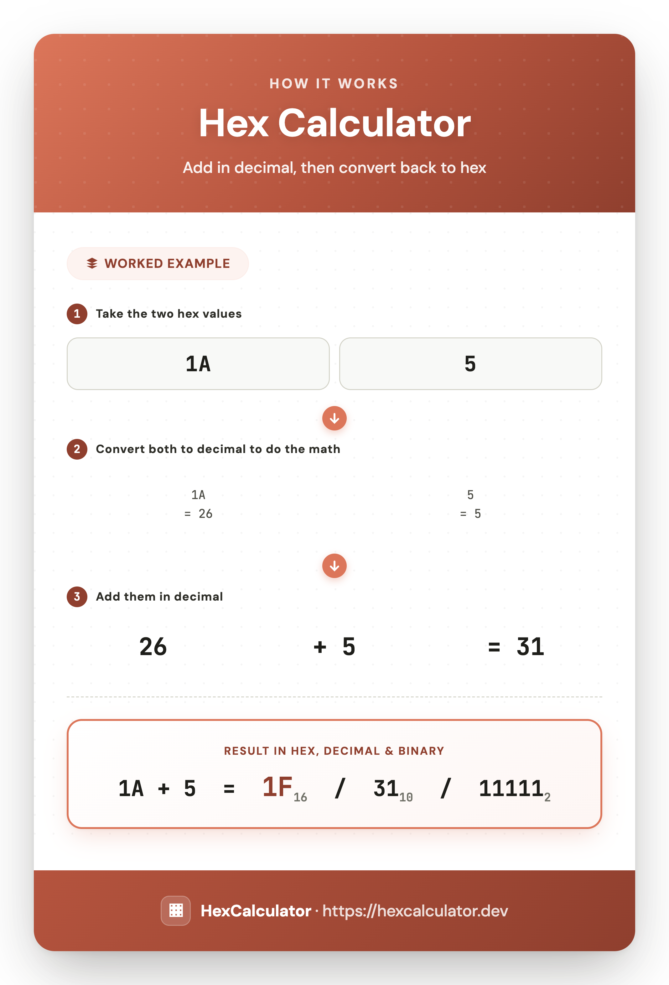 How the Hex Calculator Works — Worked Example Infographic showing hex addition of 1A and 5: convert both to decimal (26 and 5), add them to get 31, then show the answer as hex 1F, decimal 31, and binary 11111