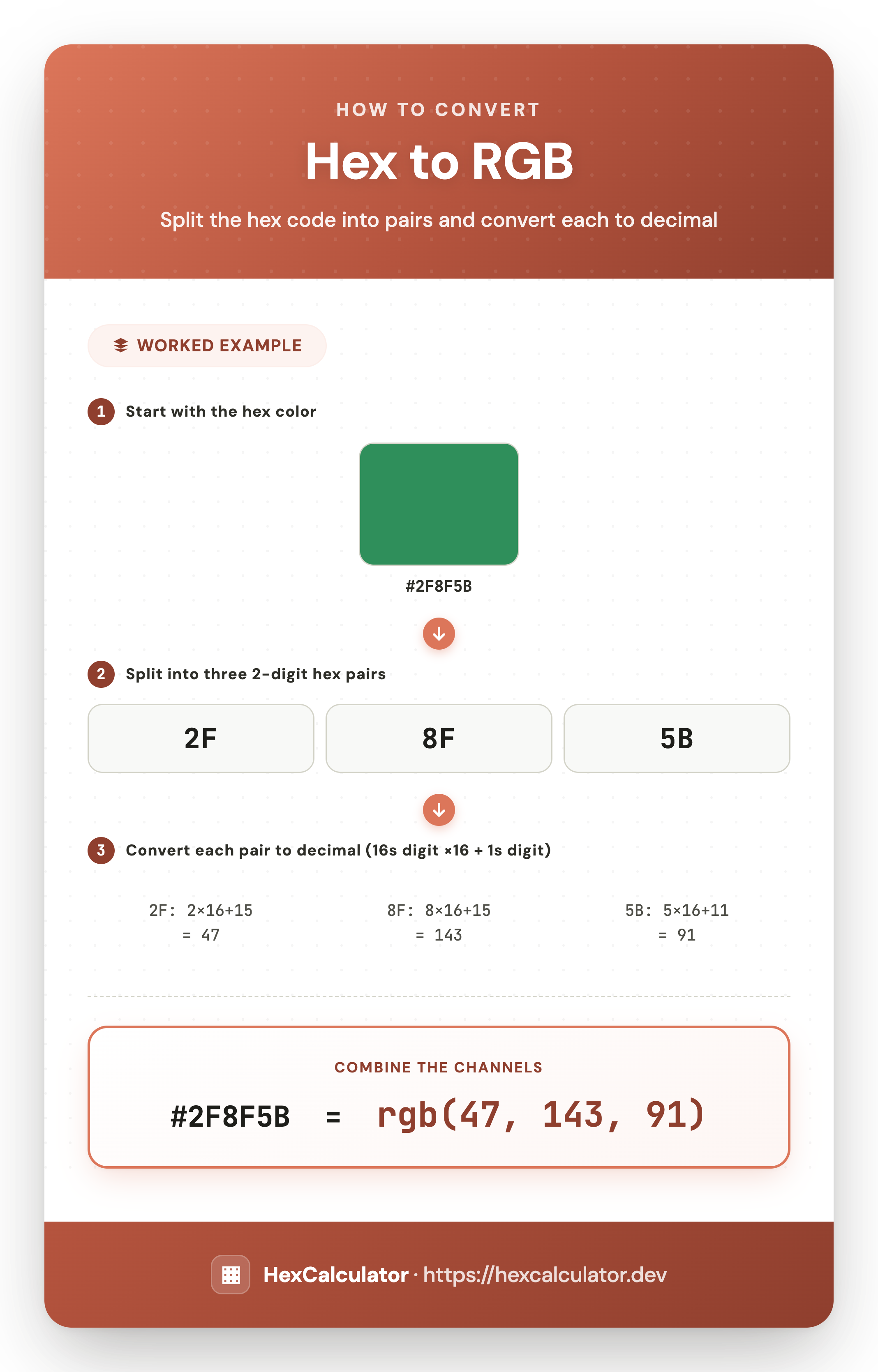 How to Convert Hex to RGB — Worked Example Infographic showing how to convert hex #2F8F5B to RGB: split into three 2-digit hex pairs and convert each pair to decimal to get rgb(47, 143, 91)