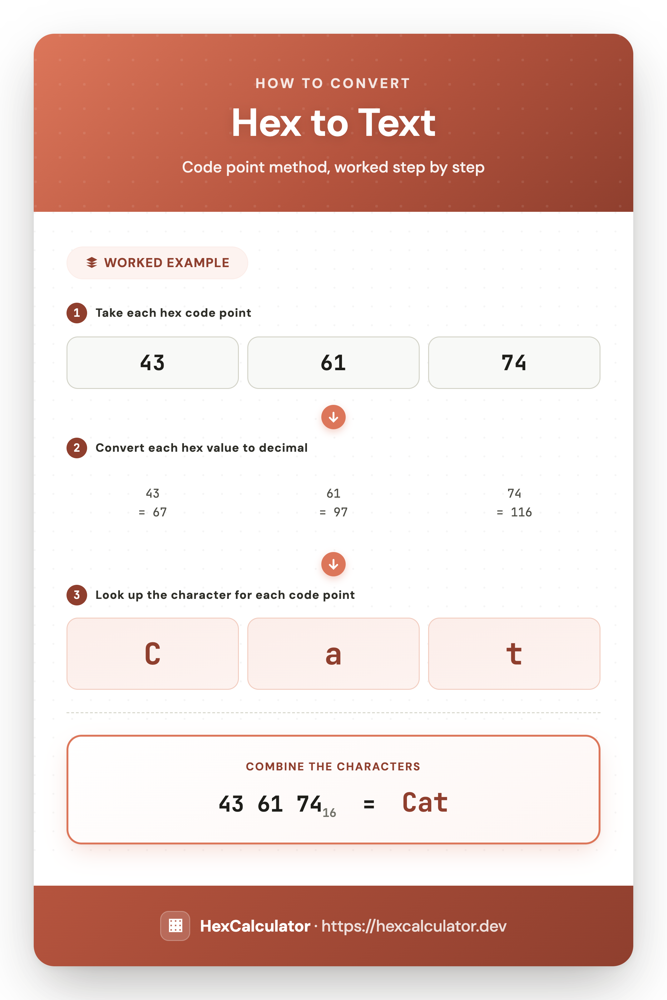 Infographic showing how to convert hex 43 61 74 to text: each hex value is converted to a decimal code point (67, 97, 116) and decoded to the characters Cat